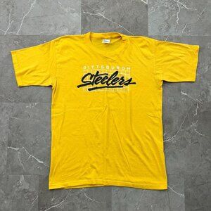 80S VINTAGE PITTSBURGH STEELERS GRAPHIC TEE MENS LARGE SCRIPT SPELL OUT MIRAGE